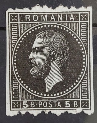 Romania 1872 - Eseu Carol l, 5 bani negru pe albastrui,imperforat vertical foto
