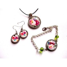 Set bijuterii sticla cu model floral, set handmade 40358