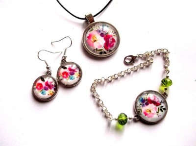 Set bijuterii sticla cu model floral, set handmade 40358 foto
