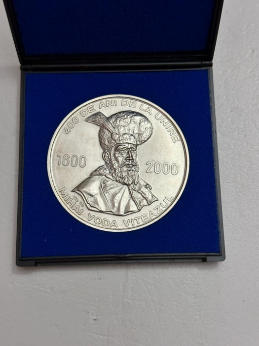PLACHETA Medalie ARGINT 800 - Mihai Viteazul - 400 Ani De La Unire - 117g !