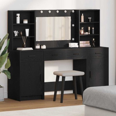 Set masă toaletă cu LED, 3 piese, negru, lemn prelucrat foto