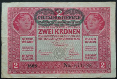 Bancnota istorica 2 COROANE- AUSTRO-UNGARIA, anul 1917 *cod 559 F = 1668- 571528 foto