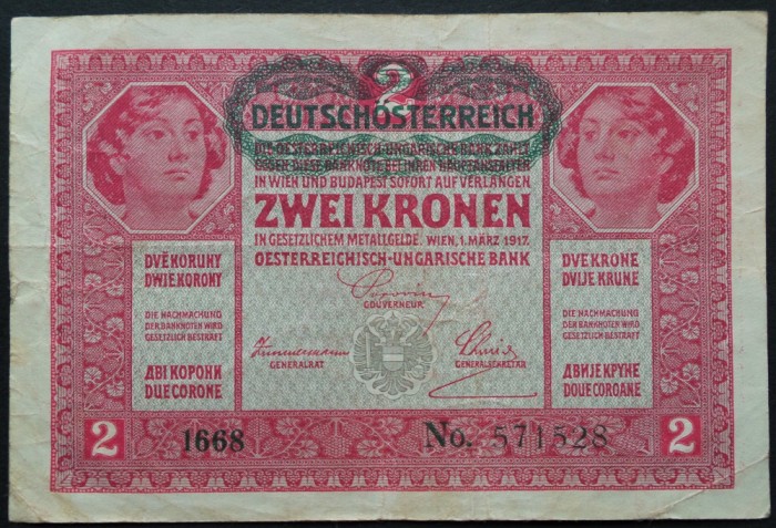 Bancnota istorica 2 COROANE- AUSTRO-UNGARIA, anul 1917 *cod 559 F = 1668- 571528