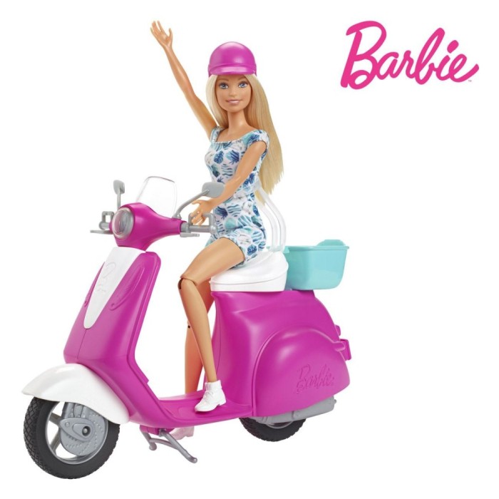 Păpușă Barbie Mattel, Cu Scooter, Roz/Alb, Cască Inclusă