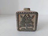 Vază vintage japoneză din lut glazurat, cu model cu pasăre, rustică, mica, uniflora, 8x7 cm, Mid Century Modern Design