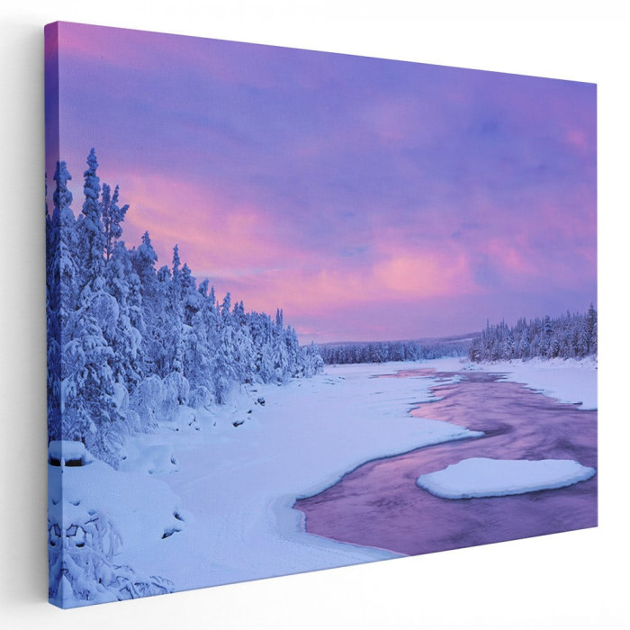 Tablou peisaj iarna rau brazi rasarit Tablou canvas pe panza CU RAMA 80x120 cm