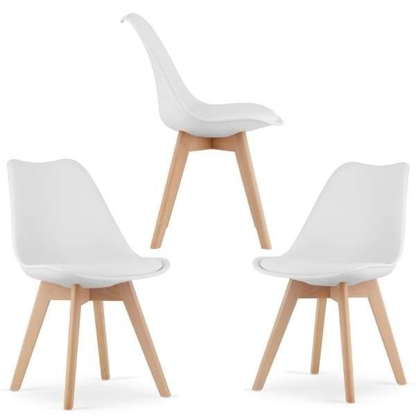 Set 3 Scaune Mercaton Grosseto, Stil Scandinav cu Picioare din Lemn, Sezut din PP si Perna din Piele Ecologica, Maxim 120 Kg, 49