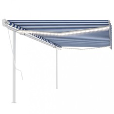 vidaXL Copertină automată cu LED&amp;senzor v&acirc;nt, albastru/alb, 5x3,5 m