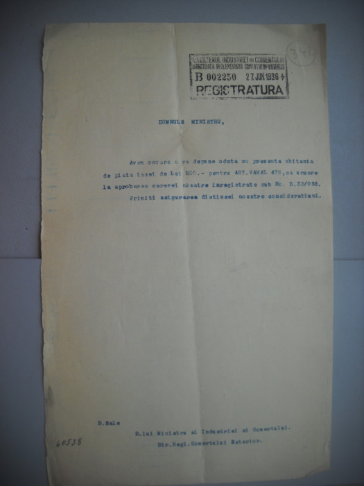 HOPCT DOCUMENT VECHI 342 MINISTERUL INDUSTRIEI COMERT EXTERIOR /BUCURESTI 1936