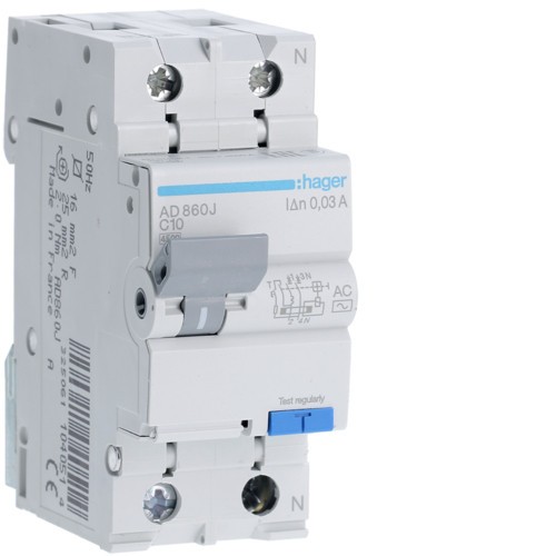 Siguranta diferential 10A 1P+N C 30mA 4.5Ka Hager AD860J