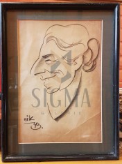 TABLOU, DAMADIAN CIK ( HACIK ) , PORTRET CARICATURAL , CARBUNE, 1943 foto