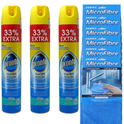 3 x Pronto spray universal, 3 x 400ml + 6 x Laveta MicroFibre, 30 x 30cm foto