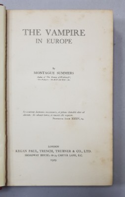 THE VAMPIRE IN EUROPE by MONTAGUE SUMMERS , 1929 foto