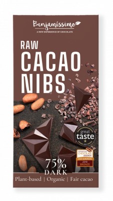 Ciocolata neagra 75% cu cacao nibs, bio, 60g, Benjamissimo foto