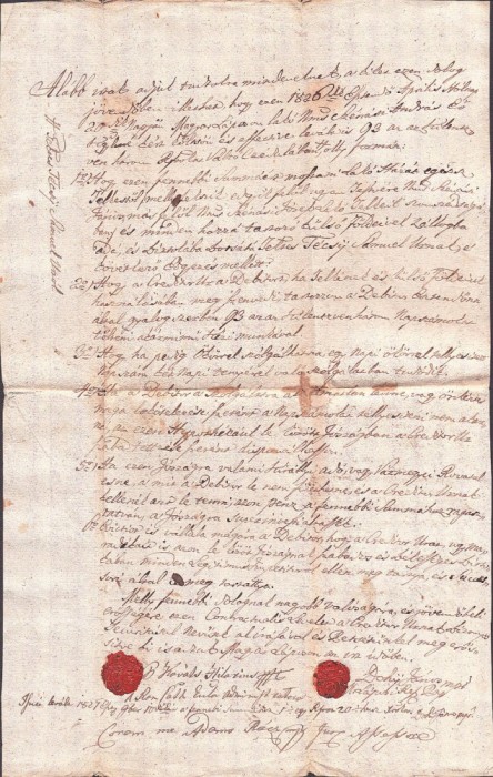 A3079N Contract de &icirc;mprumut cu zălogire de păm&acirc;nturi, act cu sigilii &icirc;n ceară roșie, 1826, comitatul Solnocul Interior, Transilvania, limba maghiară