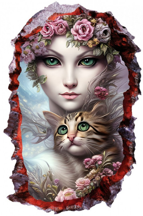 Sticker decorativ Fata si Pisica, Gri, 90 cm, 7933ST