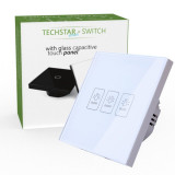 Intrerupator Touch Techstar&reg; TG02, Sticla Securizata, Design Modern, Iluminare LED, 3 Faze, Alb