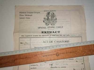 EXTRACT ACT DE CASATORIE PERIOADA REGALISTA , COMUNA FOCSANI MARASESTI JUD PUTNA foto