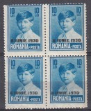 ROMANIA 1930 LP 83 r REGELE MIHAI I CU SUPRATIPAR 8 IUNIE 1930 EROARE VALOAREA 10 LEI ALBASTRU BLOC DE 4 TIMBRE MNH/CATALOG 1974 KIRIAC DRAGOMIR