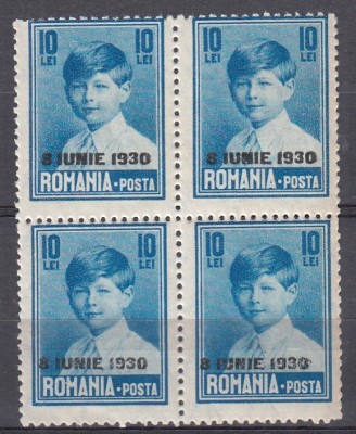 ROMANIA 1930 LP 83 r REGELE MIHAI I CU SUPRATIPAR 8 IUNIE 1930 EROARE VALOAREA 10 LEI ALBASTRU BLOC DE 4 TIMBRE MNH/CATALOG 1974 KIRIAC DRAGOMIR foto