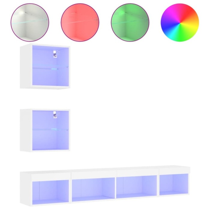 Unitati de perete TV cu LED-uri, 5 piese, alb, lemn prelucrat