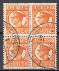 ROMANIA 1932 LP 96 j REGELE CAROL II UZUALE FILIGRAN CC VALOAREA 20 LEI BLOC DE 4 TIMBRE STAMPILAT