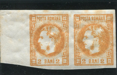 1868 , Lp 21 , Carol I cu favoriti 2 Bani portocaliu , pereche - nestampilata foto