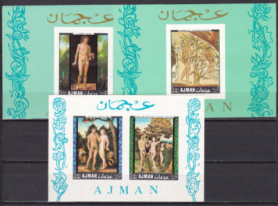 Ajman 1968 pictura Adam si Eva MI bl. 41,42,43 MNH foto