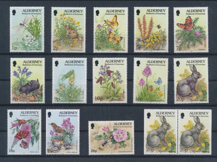 ALDERNEY 1994-NATURA-FLORI-ANIMALE-LOT DE 15 TIMBRE