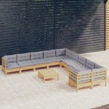 vidaXL Set mobilier grădină cu perne, 11 piese, gri, lemn de pin 3097012