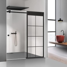 Paravan dus cu usa glisanta Glissando Black, model Mode negru, sticla clara securizata, pentru nisa cu latime intre 122-140x205 cm