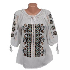 Bluza Tip Ie Traditionala Alba cu Motiv Geometric Multicolor de Dama - IMS104