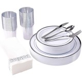 Set 175 piese pentru petrecere Versatyx, Farfurii mari si mici, Tacamuri, Pahare, Servete, Reutilizabile, Pentru mese festive, Rotund, Argintiu