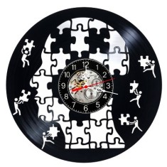 Ceas de perete decorativ realizat din disc de vinil, Model Psihologie Profil Cap Uman Piese Puzzle Cabinet Psiholog, Negru, 30 cm