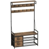 HOMCOM Suport pentru haine 6-&icirc;n-1 cu raft pentru pantofi, stil industrial, 10 c&acirc;rlige, 2 sertare textile, metal, maro | Aosom Romania