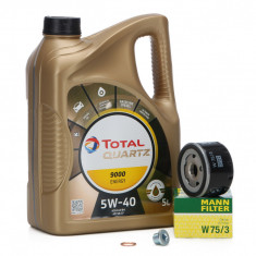 Pachet Revizie Ulei Motor Total Quartz 9000 Energy 5W-40 5L + Filtru Ulei Mann Filter Renault Grand Scenic 3 2009→ W75/3 + Buson Golire Baie Ulei Fa1