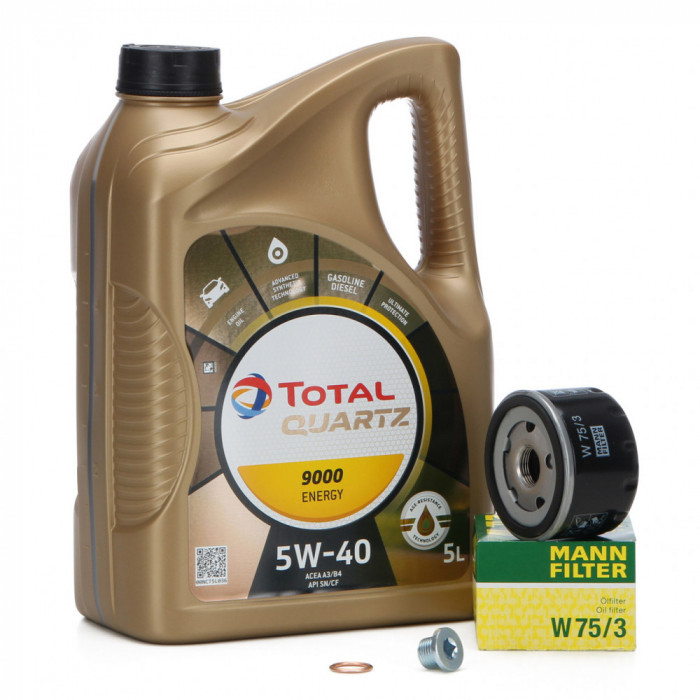 Pachet Revizie Ulei Motor Total Quartz 9000 Energy 5W-40 5L + Filtru Ulei Mann Filter Alfa Romeo Spider 2003-2005 W75/3 + Buson Golire Baie Ulei Fa1 5