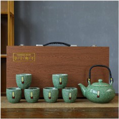 Set Ceainic 500 ml si 6 cupe din Portelan, cutie Lemn, Verde foto