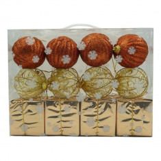 Set de 12 ornamente de brad, Flippy, de tip Glob, Cupru/ Auriu, din polistiren, cu finisaj sclipitor , cutie 6 cm adancime x 23 cm lungime x 18 cm ina