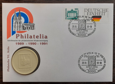 GERMANIA - FDC SI MEDALIE DIN PORTELAN - PHILATELIA 1991 - KOLN foto