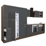 Mobilă de bucătărie Yorki 370, corp din stejar Yorki, front antracit satinat cu element cuptor inferior, dulap cu rafturi și frigider cu congelator su