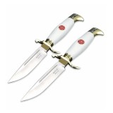 Cumpara ieftin Set de doua cutite de vanatoare, teaca din piele naturala, lama 440C, maner acrilic full tang, 26 cm, alb