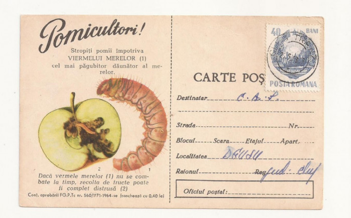 CA9 -Carte Postala-Buletin de avertizare- Viermelui merelor ,Circulata 1968