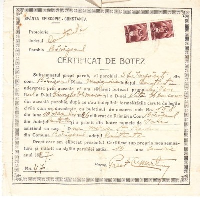 QW13 12 - 1927 - Certificat de botez - Parohia Baraganul - Plasa Medgidia foto