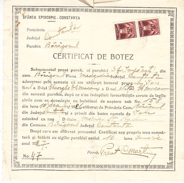 M3 C18 - 1927 - Certificat de botez - Parohia Baraganul - Plasa Medgidia