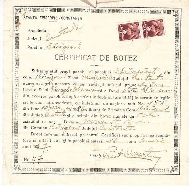 QW13 12 - 1927 - Certificat de botez - Parohia Baraganul - Plasa Medgidia