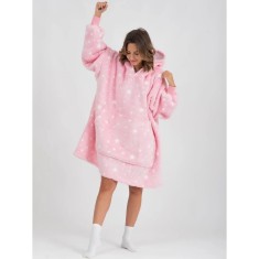 Patura cu maneci, tip hanorac lung, pentru copii/adulti, cu stelute FLUORESCENTE, din fleece captusit cu blana, cu buzunare, mansete si gluga, roz