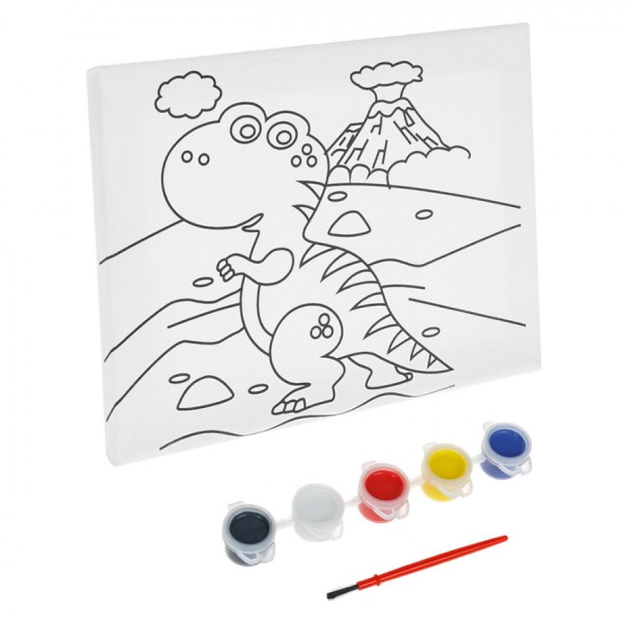 Set Pictură Canvas Dinozaur, Multicolor, 20x15cm, 5 Vopsele Acrilice, 1 Pensulă
