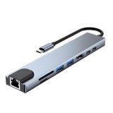 USB HUB 8 in 1, conexiune USB C, adaptor retea Gigabit, cititor carduri SD TF, multiple porturi USB