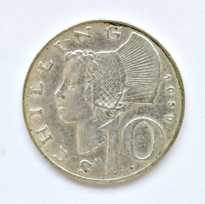 AUSTRIA 10 SCHILLING 1959 ARGINT VF XF